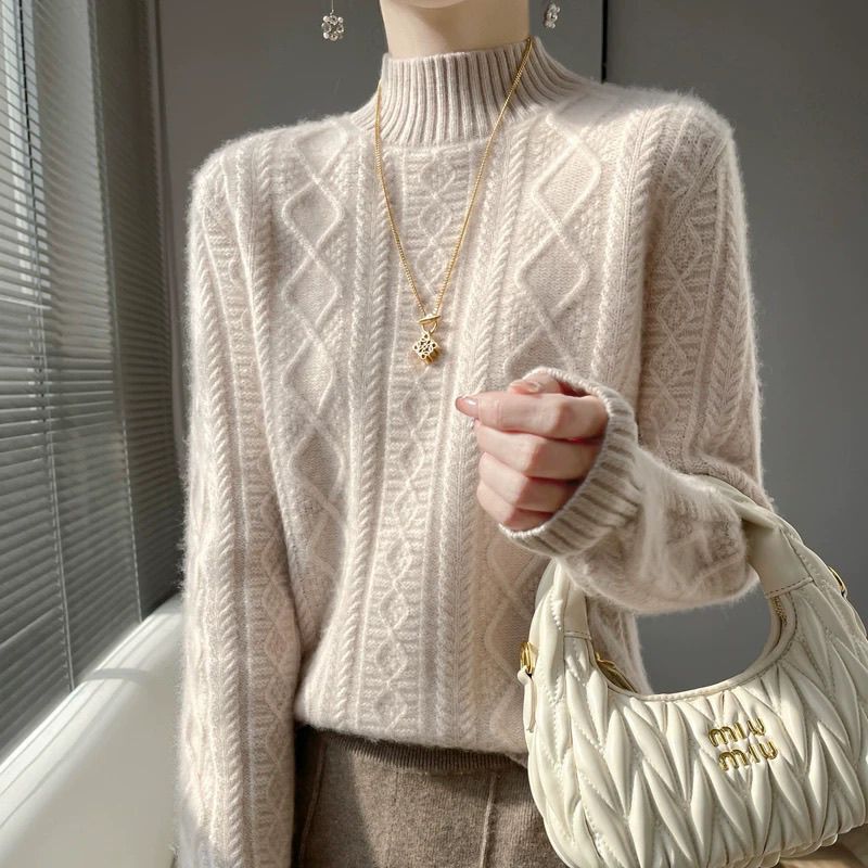 Autumn and Winter New Loose Wool Sweater for Women, Half-High Collar, Stylish Knitted Base Thick Sweater Versatile Top