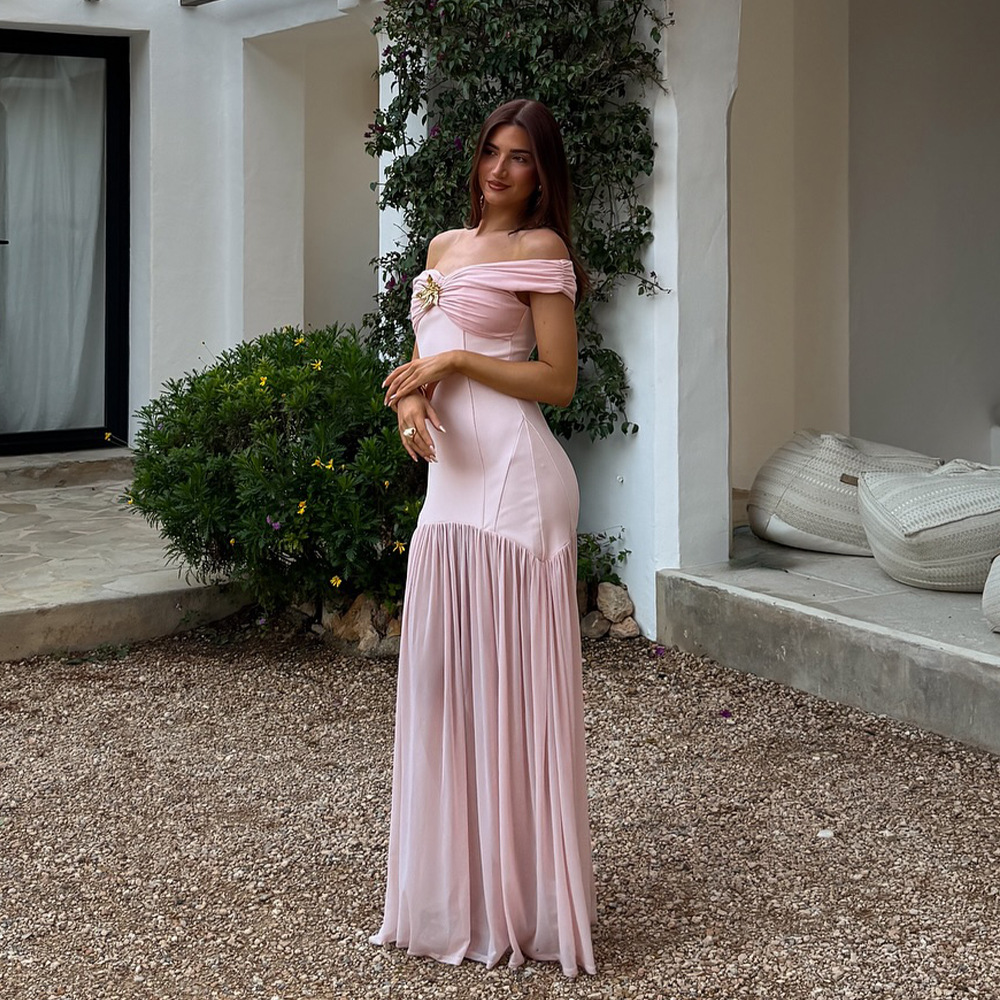 Backless Mesh Detail Long Dress, Slim Fit Pleated Backless Mesh Detail Long Dress, Slim Fit Pleated