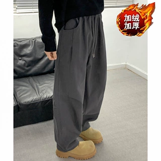 秋冬款男士加绒加厚时尚捏褶立体裁剪设计弯刀裤宽松百搭休闲长裤