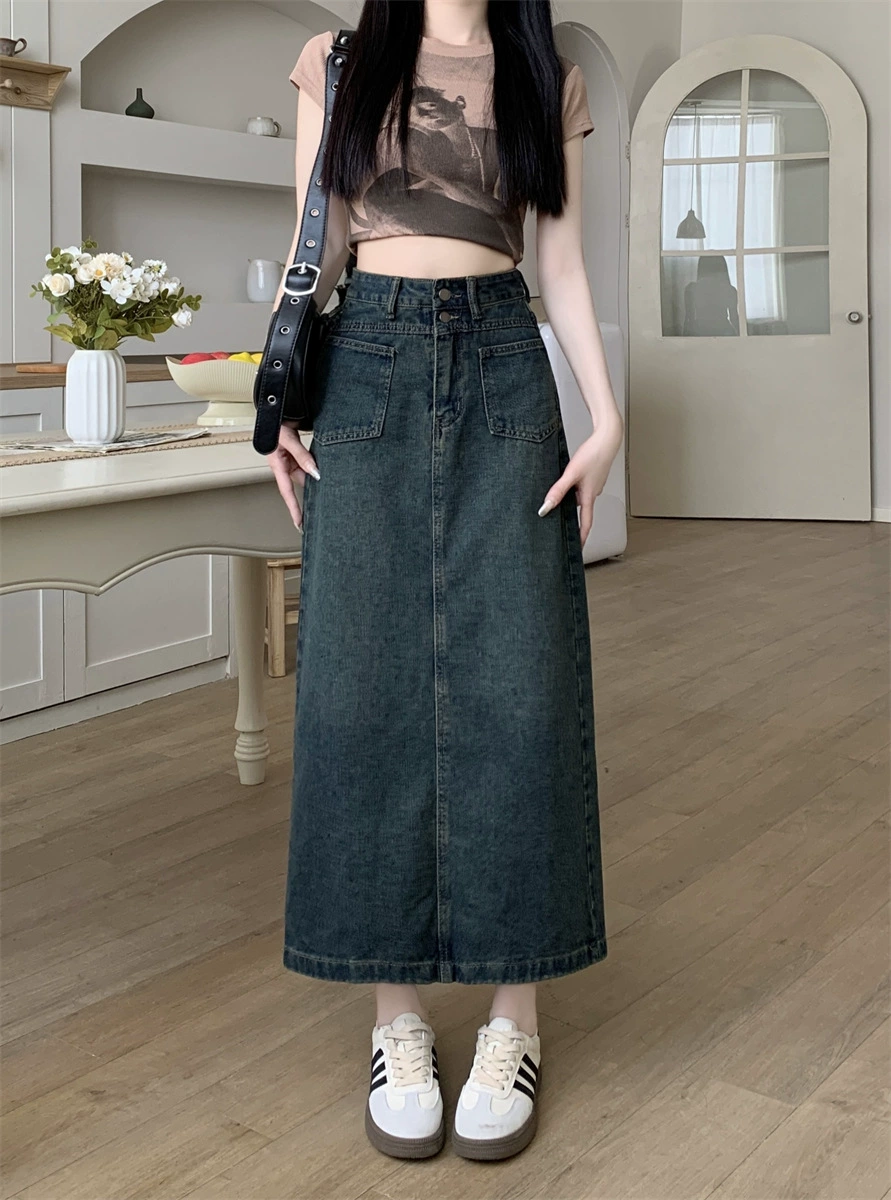 Джинсовая юбка-бюстгая маленькая женщина большой размер толстая сестра летняя высокая талия с открытой вилкой тонкая юбка в форме груши длинная юбка