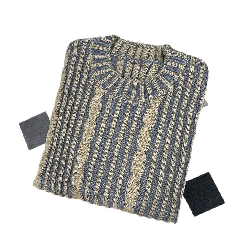 Suéter de punto a rayas retro americano de color mixto diseño perezoso nicho de diseño juvenil jersey de cuello redondo