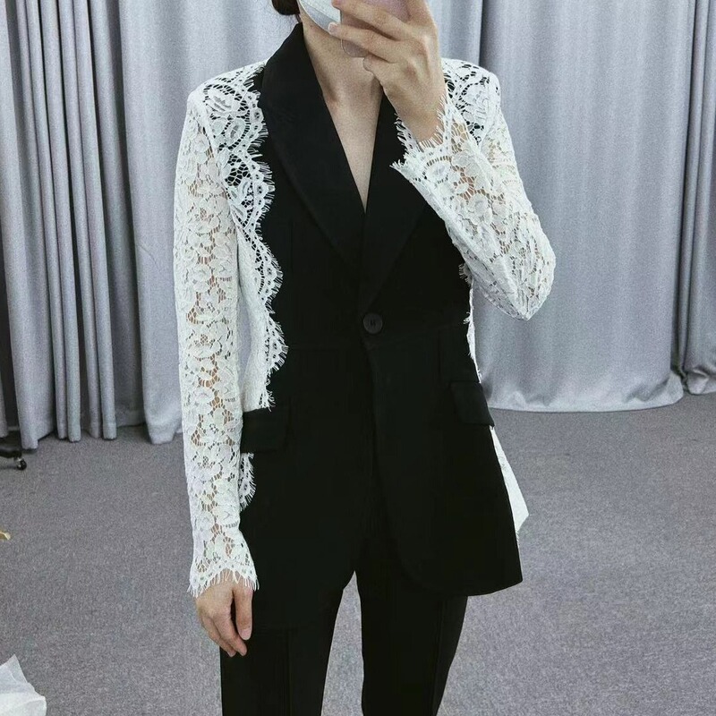 European and American stars same style white lace long sleeve black slim fit suit jacket waist slimming capable high-end suit