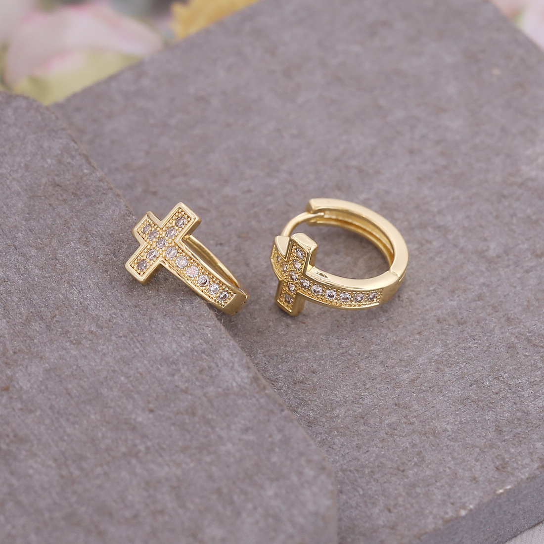 Copper Micro Diamond Cross Earrings Small Moon Earrings 18k Gold Earrings display picture 2