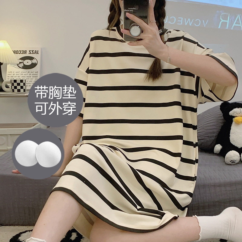 Pijamas con almohadillas para el pecho para mujer, vestido de verano de algodón puro de manga corta y largo medio con dibujos animados, pijamas por encima de la rodilla para mujer, nuevo estilo 2025