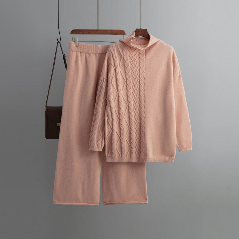 Damenbekleidung Herbst und Winter große Größe Rollkragenanzug Mode neue sanfte faule Stil Pullover zweiteiliges Set einfarbig gestrickt_voghion.com