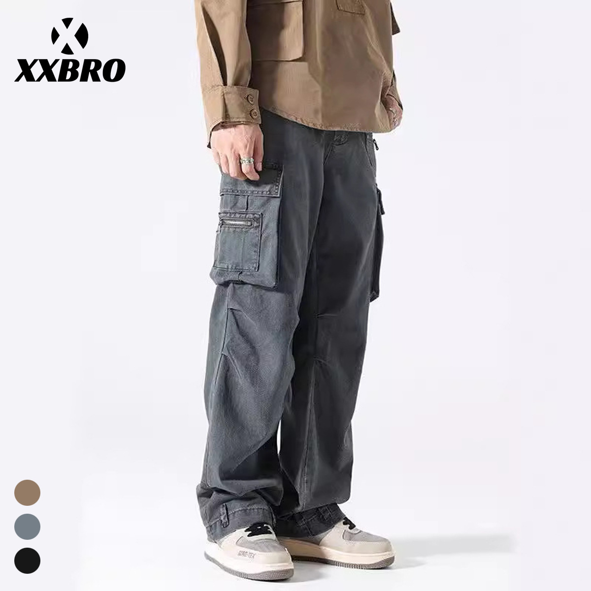 Xxbro mono americano de calle para hombre pantalones de pierna recta con múltiples bolsillos al aire libre pantalones casuales sueltos de moda ins