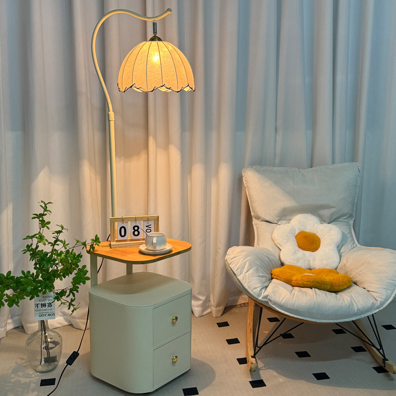 Cream Style Bedside Table Floor Lamp Living Room Solid Wood High-End Bedroom Vertical Table Lamp with Integrated Drawer Storage Rack