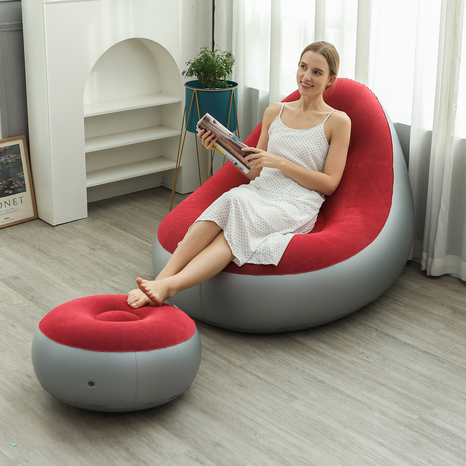 Sofá inflable perezoso grueso a través del espejo, sillón reclinable plegable, sofá exterior con combinación de pedal, sofá flocado