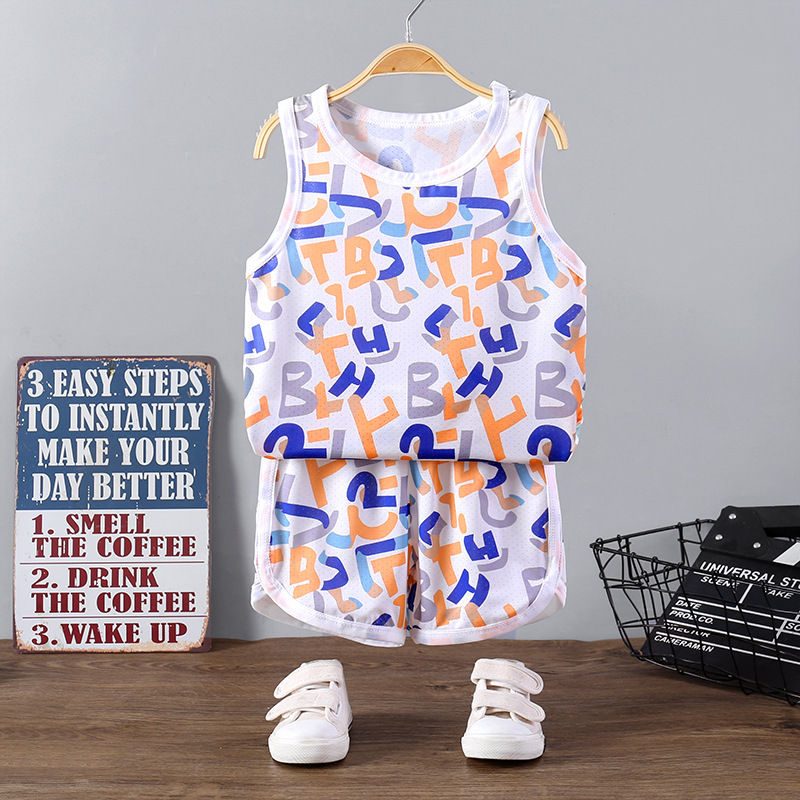 Traje de chaleco para niños sling de verano pantalones cortos sin mangas de seda de hielo ropa de secado rápido ropa para niños de malla delgada para niños al por mayor