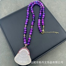 新款变色海云母笑佛镶嵌毛衣链圆珠个性项链吊坠小众国风饰品批发