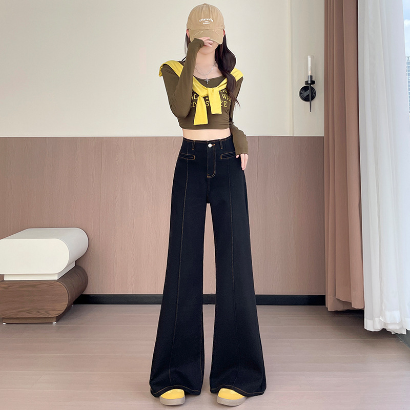 黑色阔腿牛仔裤女2025秋季新款设计感宽松显瘦高腰垂感弹力直筒裤|undefined