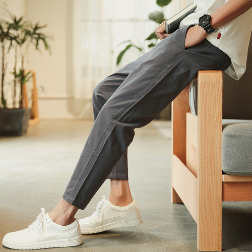 Men's Summer Casual Plain Color 9-inch Straight Leg Sport Pants Loose Thin Cotton Linen Capri Pants