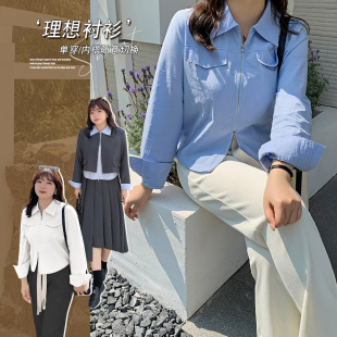 7717 Xuanchen Large Size Women's Korean Style Zipper Long Sleeve Shirt Spring New Fat Girl Stylist Loose Meat-Covering Top