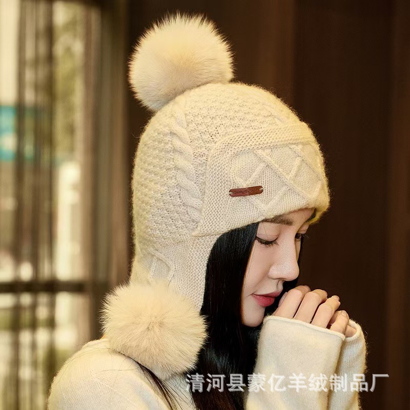 MENGYI 엄선된 24 국경 대외 무역 따뜻한 트위스트 캐시미어 모자 여성 귀 보호 레이펑 모자 모피 볼 니트 발가락 모자
