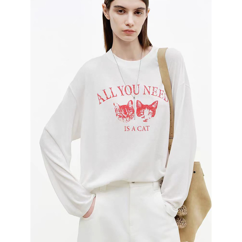 【100% Cotton】Lightweight and Soft! Mo's Cute Pet Print Long-Sleeve T-Shirt for Women, Spring Casual Versatile Pullover Top 【100% Cotton】Lightweight and Soft! Mo's Cute Pet Print Long-Sleeve T-Shirt for Women, Spring Casual Versatile Pullover Top