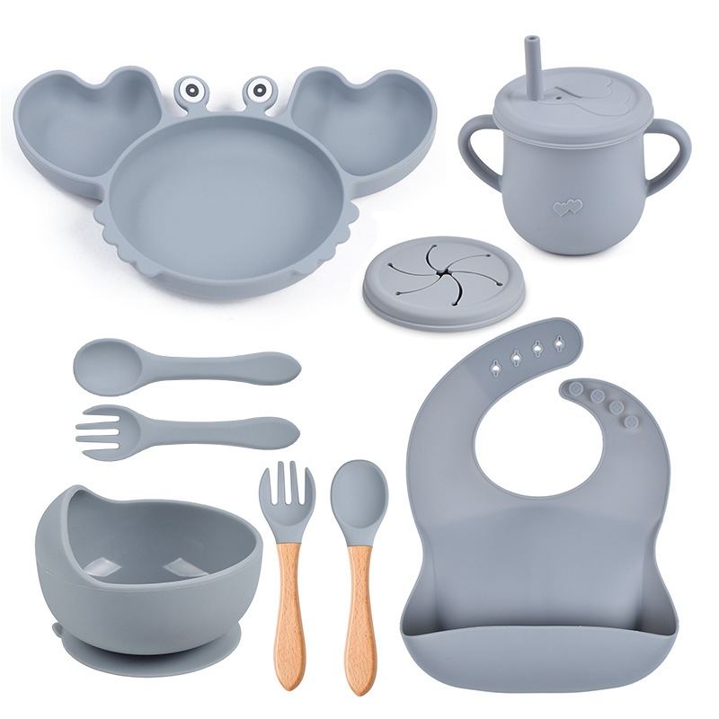 Set de vajilla para bebé de silicona de 9 piezas - Plato con forma de cangrejo, babero, plato dividido, cuchara, tenedor, taza