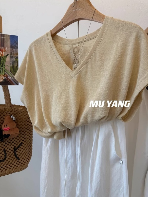 MUYANG かっこよくてスリム〜背中にレースが並んだVネックゆったり万能半袖Tシャツトップス レディース|undefined
