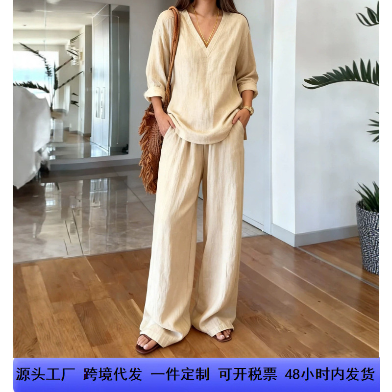 Amazon's New European and American Style V-Neck Linen Wide-Leg Pants Set for Women, Casual and Lazy Two-Piece Set, Available for Dropshipping Amazon's New European and American Style V-Neck Linen Wide-Leg Pants Set for Women, Casual and Lazy Two-Piece Set, Available for Dropshipping