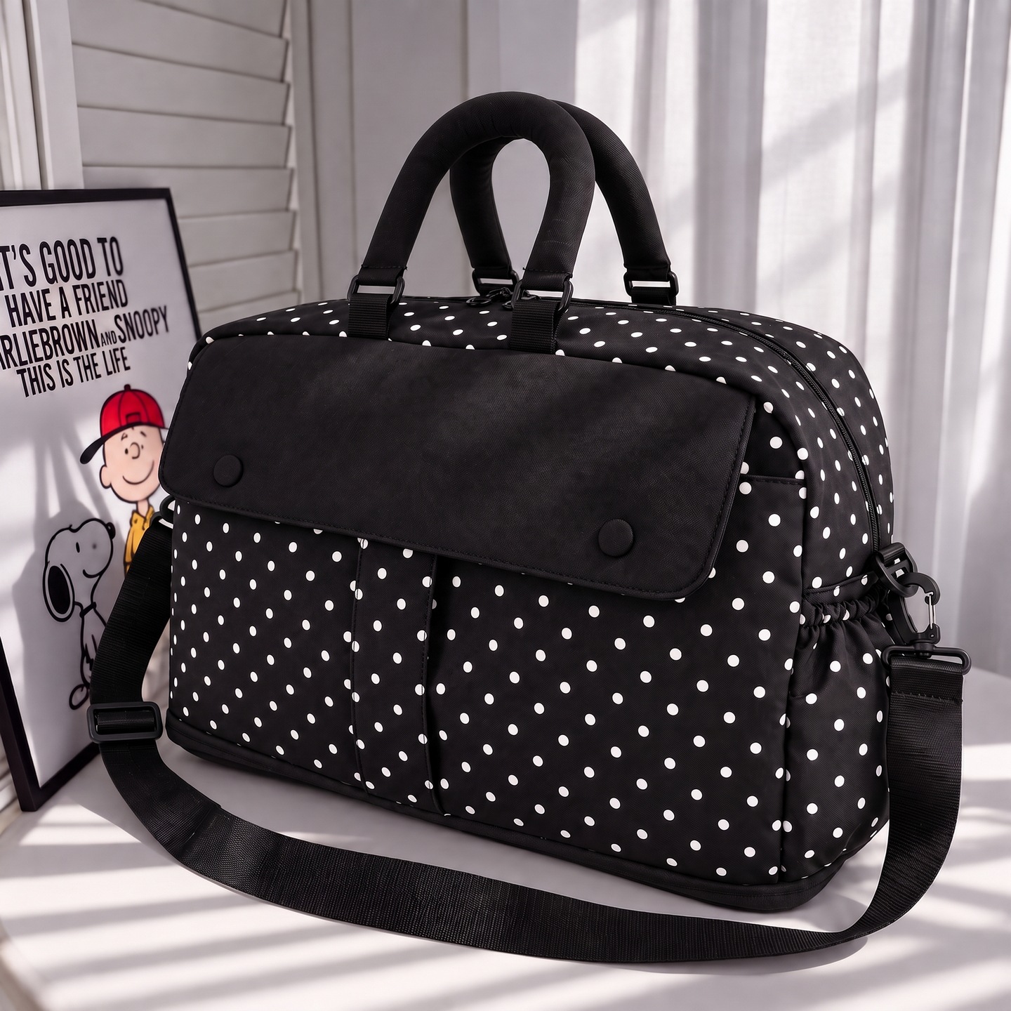 Polka dot travel bag women, large capacity, trolley sleeve