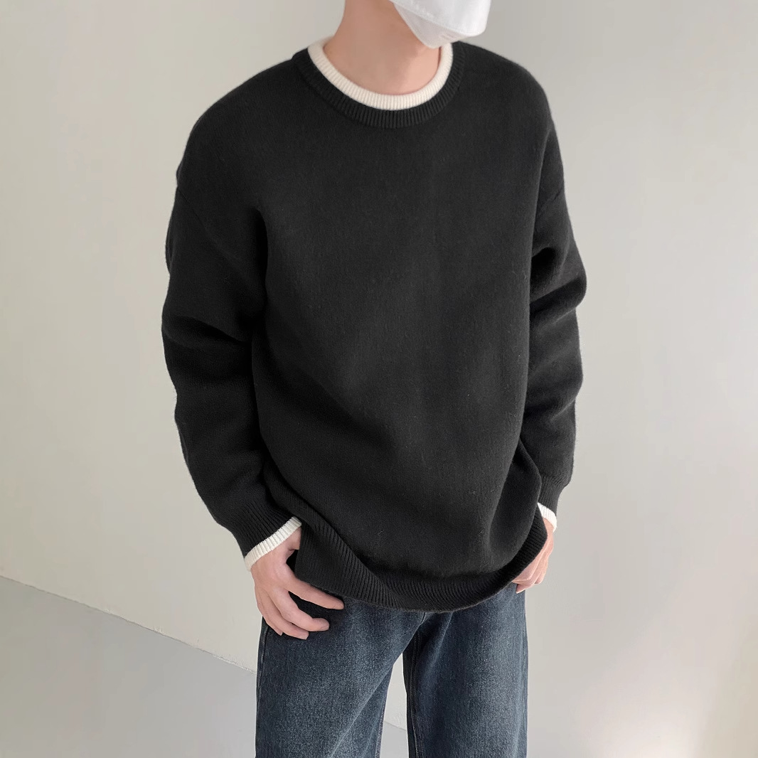 Cuello contraste Color Otoño e Invierno Nuevo suéter cuello redondo de los hombres color cálido suéter de desgaste exterior suelto estilo coreano de los hombres de moda de fondo