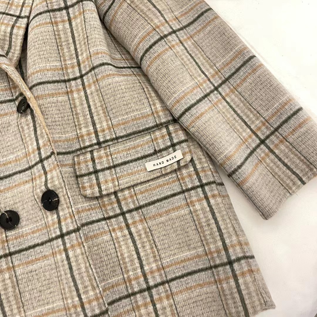 Damenbekleidung 100% Wolle doppelseitiger Kaschmirmantel für Frauen kariert modischer All-Match-Anzugkragen kleiner Mantel_voghion.com