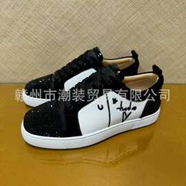 cl andgz男鞋深蓝色牛绒鞋头铆钉低帮红底鞋女鞋运动休闲板鞋大码