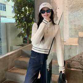 秋冬新款慵懒上衣女设计感立领杏色麻花厚高领毛衣图片色均码其他