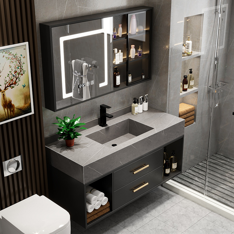 Luz de lujo Placa de roca integrado cuenca gabinete de baño combinación inteligente espejo lateral gabinete de baño lavabo mesa de lavado cuenca