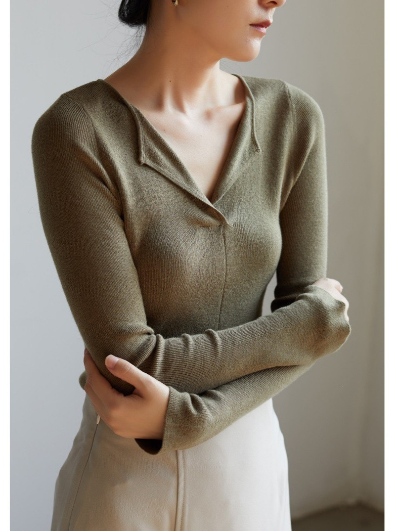 SS STUDIO フレンチスタイルのゆったりとした襟付きカシミヤVネックニットセーター レディース 秋冬用インナーウェア