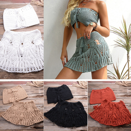 Hand hook knitted hollow bikini for women cross-border European and American sexy solid color simple women's split swimsuit suit wholesale