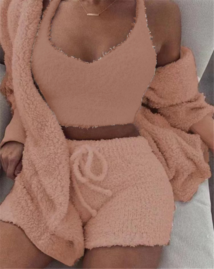 Europa y América transfronteriza Otoño e Invierno Nueva felpa casual desgaste del hogar de tres piezas de manga larga ombligo chaleco pantalones cortos Pijama traje