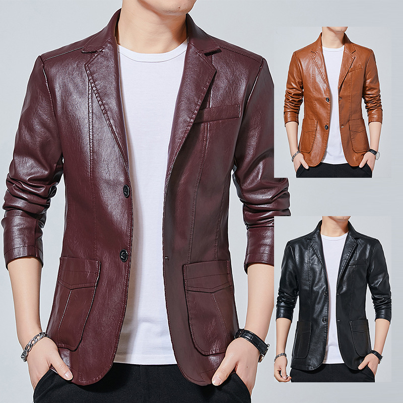 Men's suits and leather jackets, autumn and winter business casual warm and fashionable leather jackets, trendy European and American cross-border outerwear