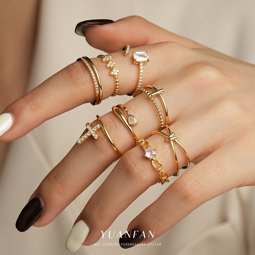2g Weight Electroplated Gold Plating Process Open Rings, Rings Classification Adjustable Ring Size 1 Piece Quantity Date, Tea Party Occasion 925 Sterling Silver Material Geometric, Cross Pattern All Seasons Season Women's Gender Casual, Simple Style Style 1 Piece 925 Sterling Silver Geometric Cross Electroplated Open Rings Rings 1