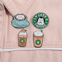 Exquisite High-Selling Coffee Cup Series Brooch Decor with Cute Round Cat Beverage Cup Design Badges