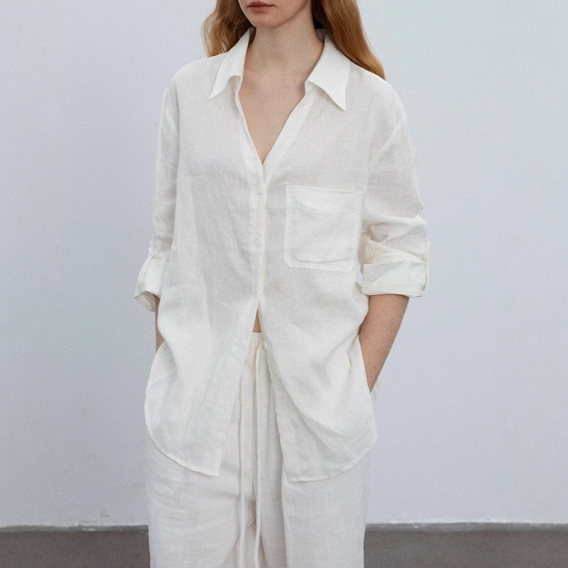 Relaxed and Casual, Comfortable V Neck Linen Shirt, Loose Fit, Simple Sun Protection Long-Sleeved Shirt