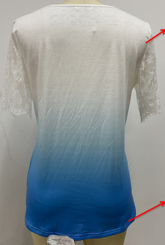 亚马逊新款外贸女装蕾丝拼接袖女子T恤上衣白色渐变蓝色V领