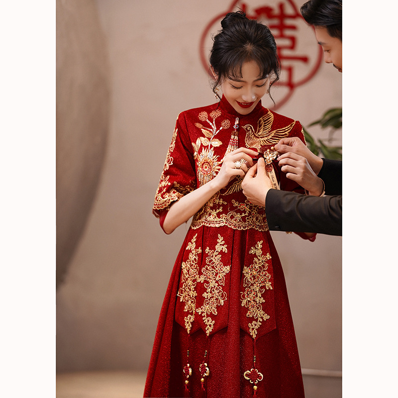 Chinese-style Toasting Dress Cheongsam Wine Red Wedding Day Bride Casual Dress Pregnant Women's Dress Female Petit Engaged Back Door