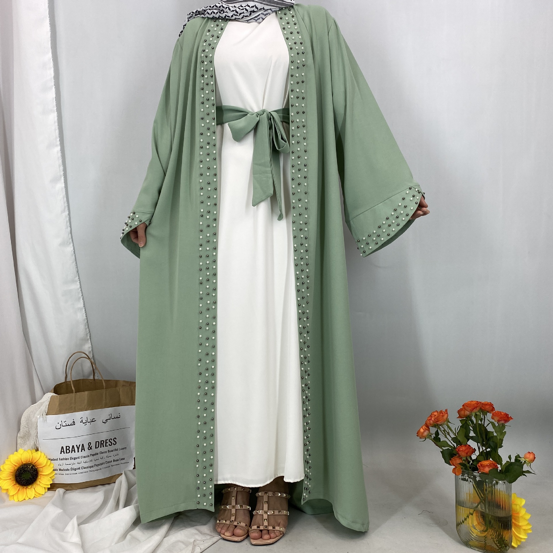 Arab Turkish Middle Eastern Fashion Elegant Solid Color Beaded Muslim Tie-Up Cardigan Robe 1838_ecoleips.com