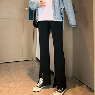 Maternity Straight-Leg Pants for Spring and Autumn, Floor-Length Split Suit Pants, Black Loose Extended Drape Long Pants for Autumn
