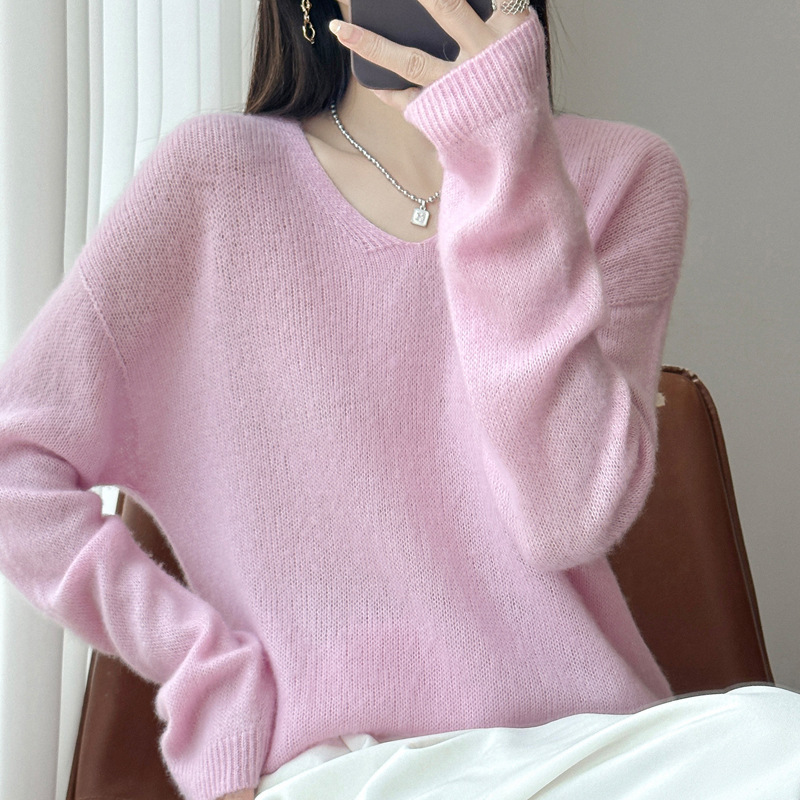 天丝羊毛针织衫女式V领圆领套头内搭小众百搭设计感纯色长袖打底|undefined