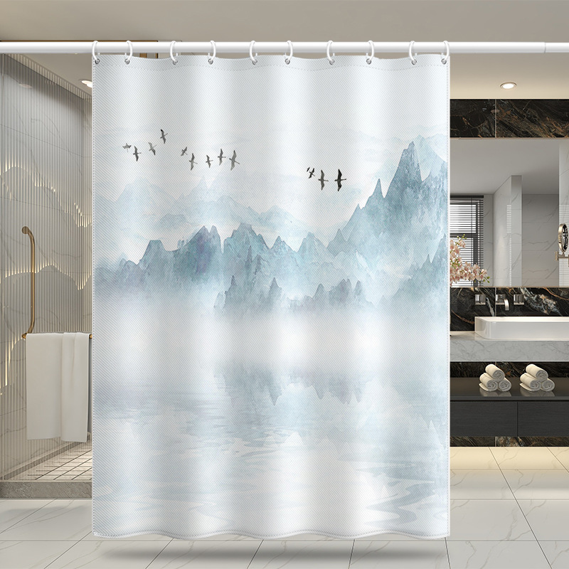 New Chinese Zen-style Curtains, No-drill Installation, Door Partition Shower Short Curtain, Digital Print With Landscape_voghion.com
