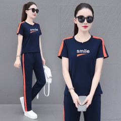中年のお母さんの純綿ファッションカジュアルスポーツスーツ女性の夏の丸首tシャツのストレートのズボンの洋気の2つのセット
