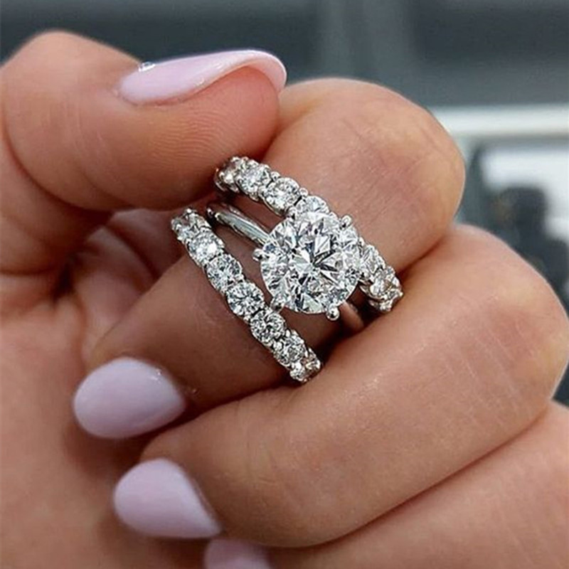 European and American Popular Three-Piece Ring Set for Women Full of Diamonds and Zircons for Wedding and Engagement Luxury Rings Fashionable and Versatile Ring Set