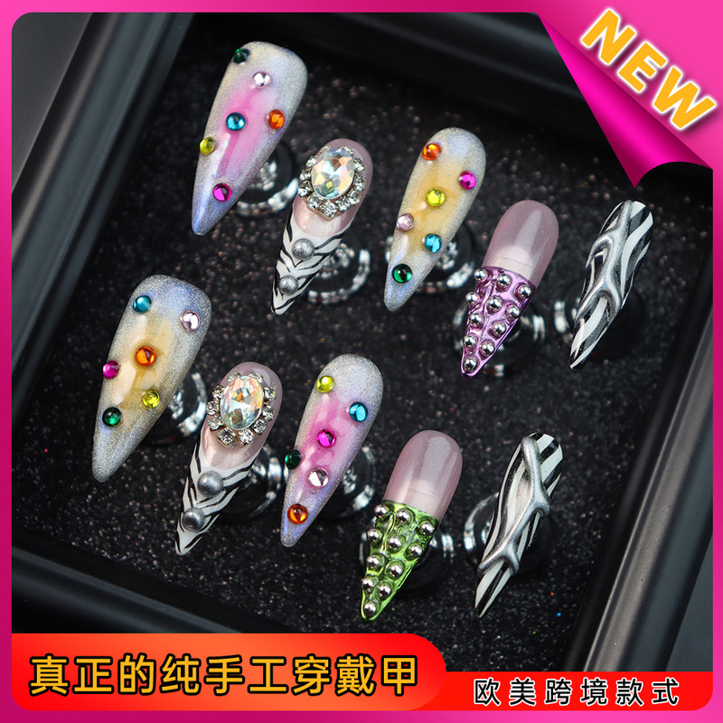 Premium Wearable Nails for Hot Girls, Zebra Pattern Wearable Nails, Colorful Diamond Cat Eye Gradient Y2K European and American Nail Stickers Premium Wearable Nails for Hot Girls, Zebra Pattern Wearable Nails, Colorful Diamond Cat Eye Gradient Y2K European and American Nail Stickers