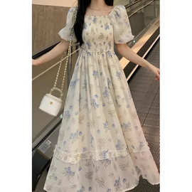 法式温柔仙碎花连衣裙女夏季胖妹妹大码收腰显瘦过膝中长裙子