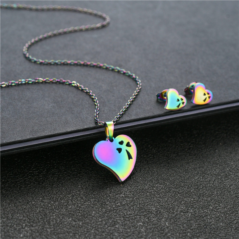 Stainless Steel Creative Cross-Border Colorful Hollowed Heart Shape Necklace and Earring Suit Heart-