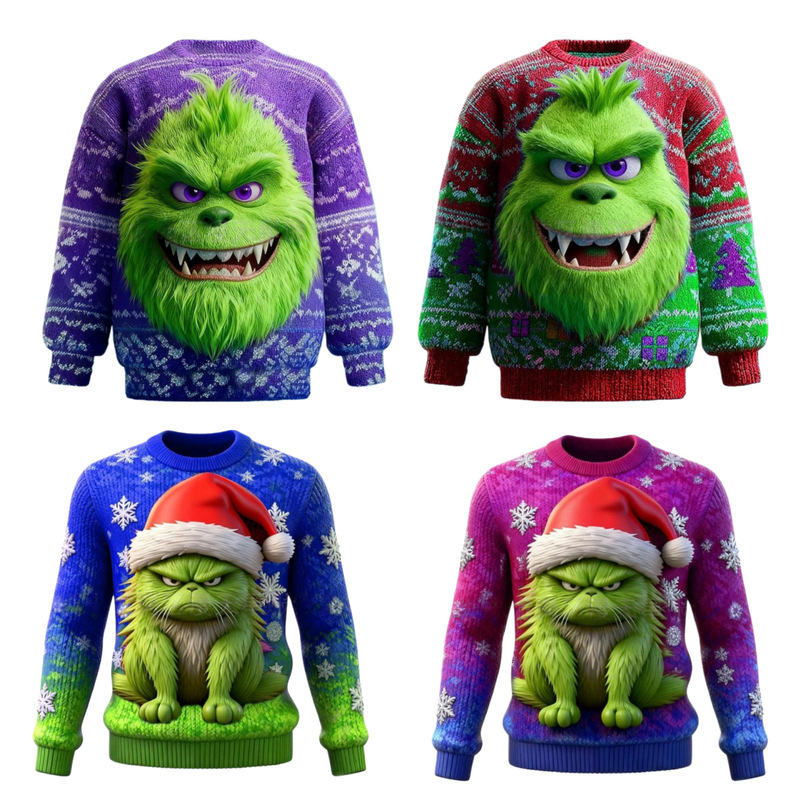 2025 Cross-Border European and American Christmas Grinch Ugly Christmas Sweater 3D Digital Printing Sweatshirt Cos
