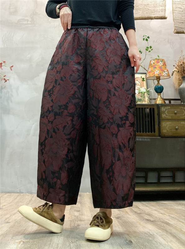 2025 Spring/Summer Satin Jacquard Loose Women's Harem Pants Plus Size Elastic Waist Artistic Women's Capri Pants