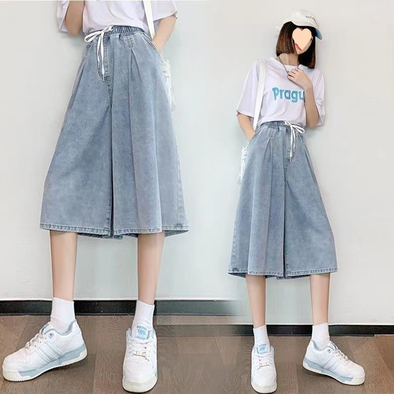レトロなウエストひものデニムのワイドパンツの女性の春秋の太った妹はゆったりしていて痩せています。|undefined