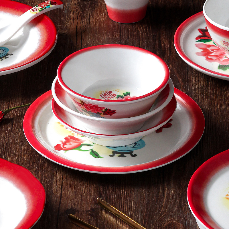 Xiangyuan melamina cubiertos tazones comerciales de mesa de cuatro piezas de porcelana restaurantes hotpot tienda de platos y tazas de platos